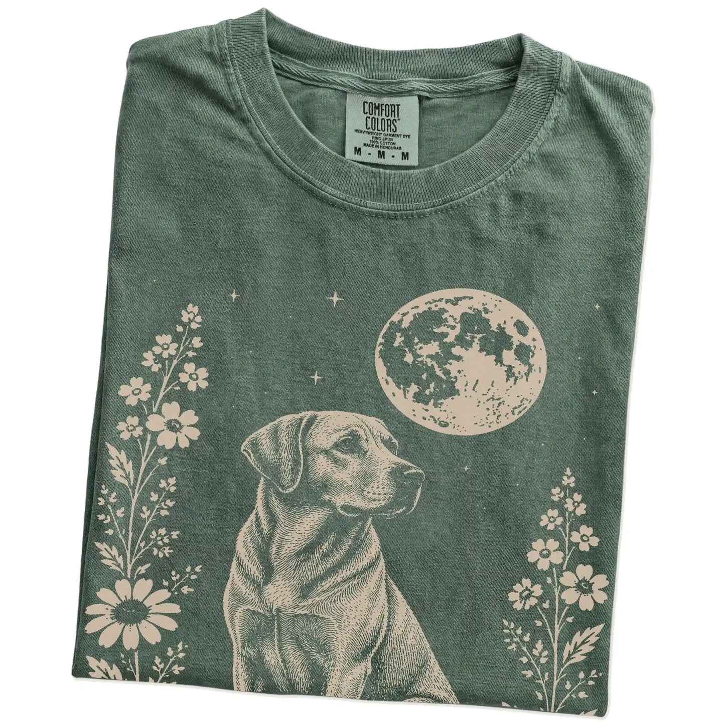Folded Moss Comfort Colors® T-shirt showing Labrador Retriever framed by flowers beneath the moon