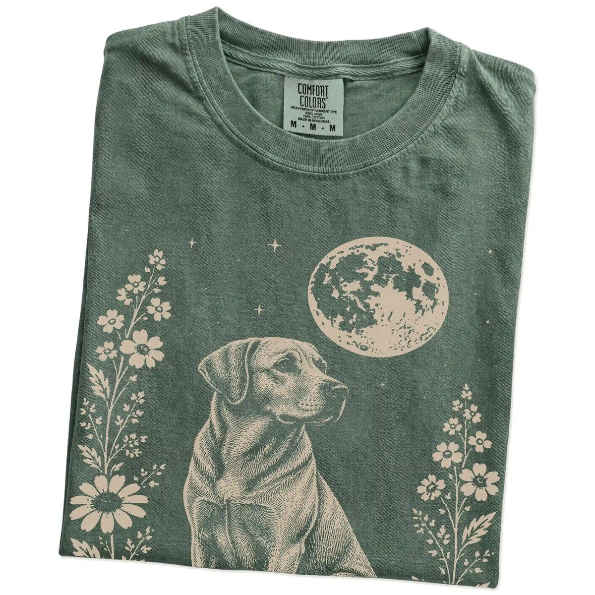 Folded Moss Comfort Colors® T-shirt showing Labrador Retriever framed by flowers beneath the moon