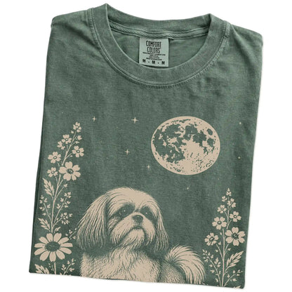 Folded Moss Comfort Colors® T-shirt showing Shih Tzu framed by flowers beneath the moon