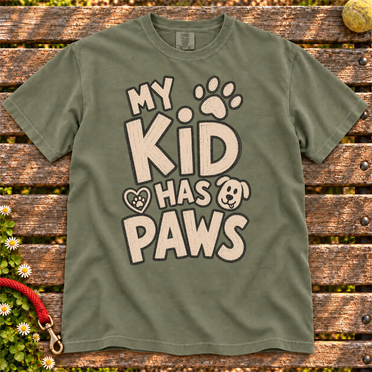 My Kid Has Paws design on a Moss Comfort Colors T-shirt, shown flat
