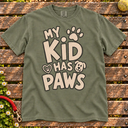 My Kid Has Paws design on a Moss Comfort Colors T-shirt, shown flat