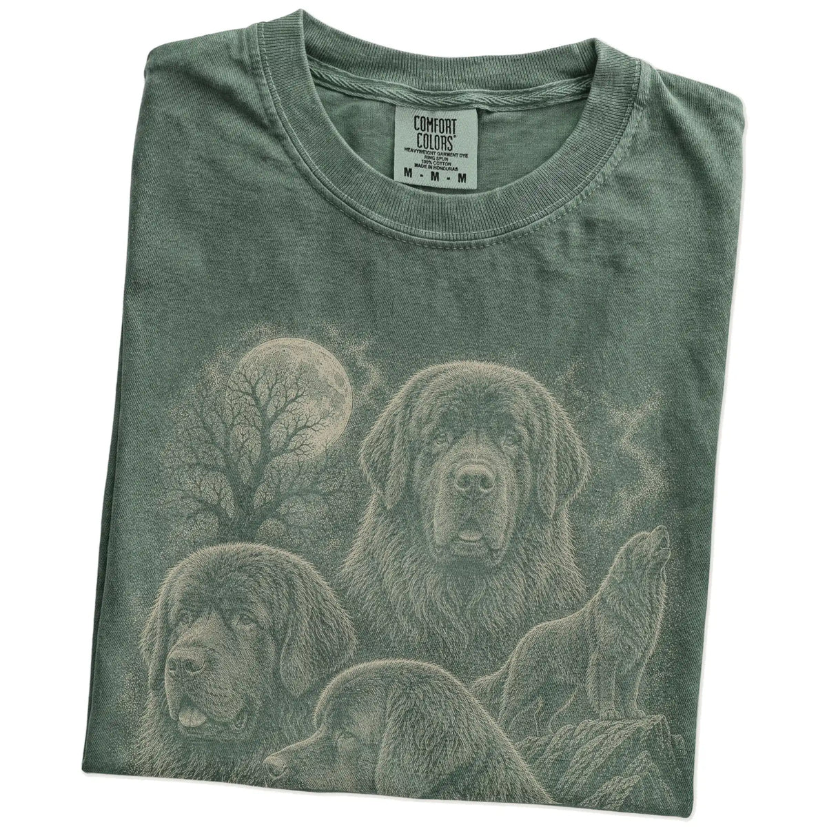 Folded Moss Comfort Colors® T-shirt showing a vintage moon montage featuring Newfie