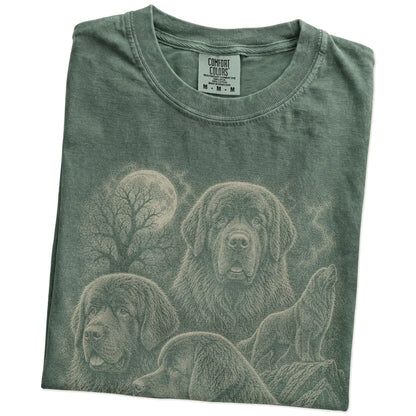 Folded Moss Comfort Colors® T-shirt showing a vintage moon montage featuring Newfie