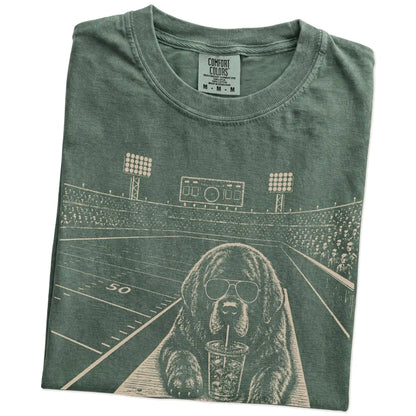 Folded Moss Comfort Colors® T-shirt showing Newfie ready for football and tailgate season