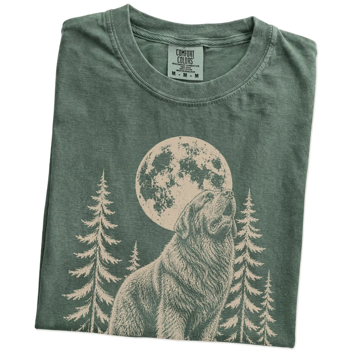 Folded Moss Comfort Colors® T-shirt showing a Newfie howling beneath the moon and pine trees