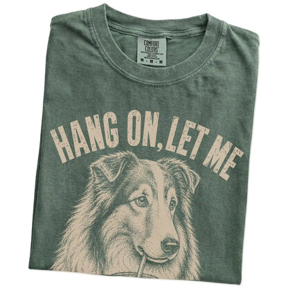 Folded Moss Overthinking Collie T-Shirt showing the graphic