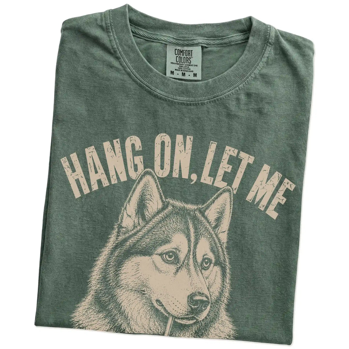 Folded Moss Overthinking Husky T-Shirt showing the graphic