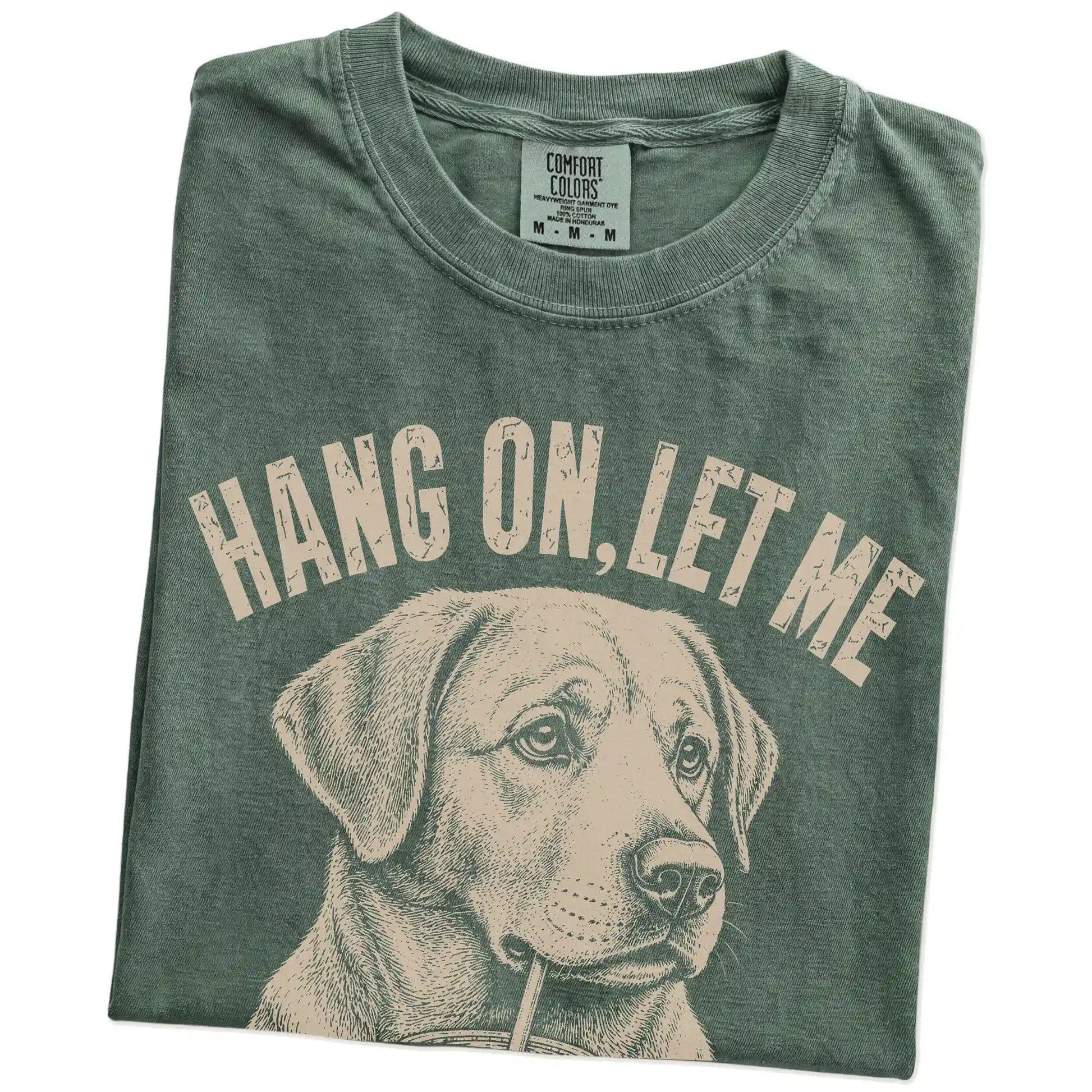 Folded Moss Overthinking Labrador Retriever T-Shirt showing the graphic