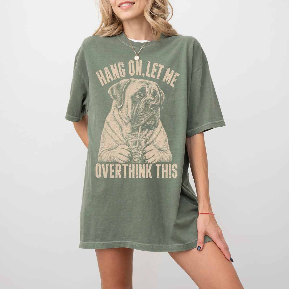 Woman wearing a Moss Overthinking Mastiff T-Shirt