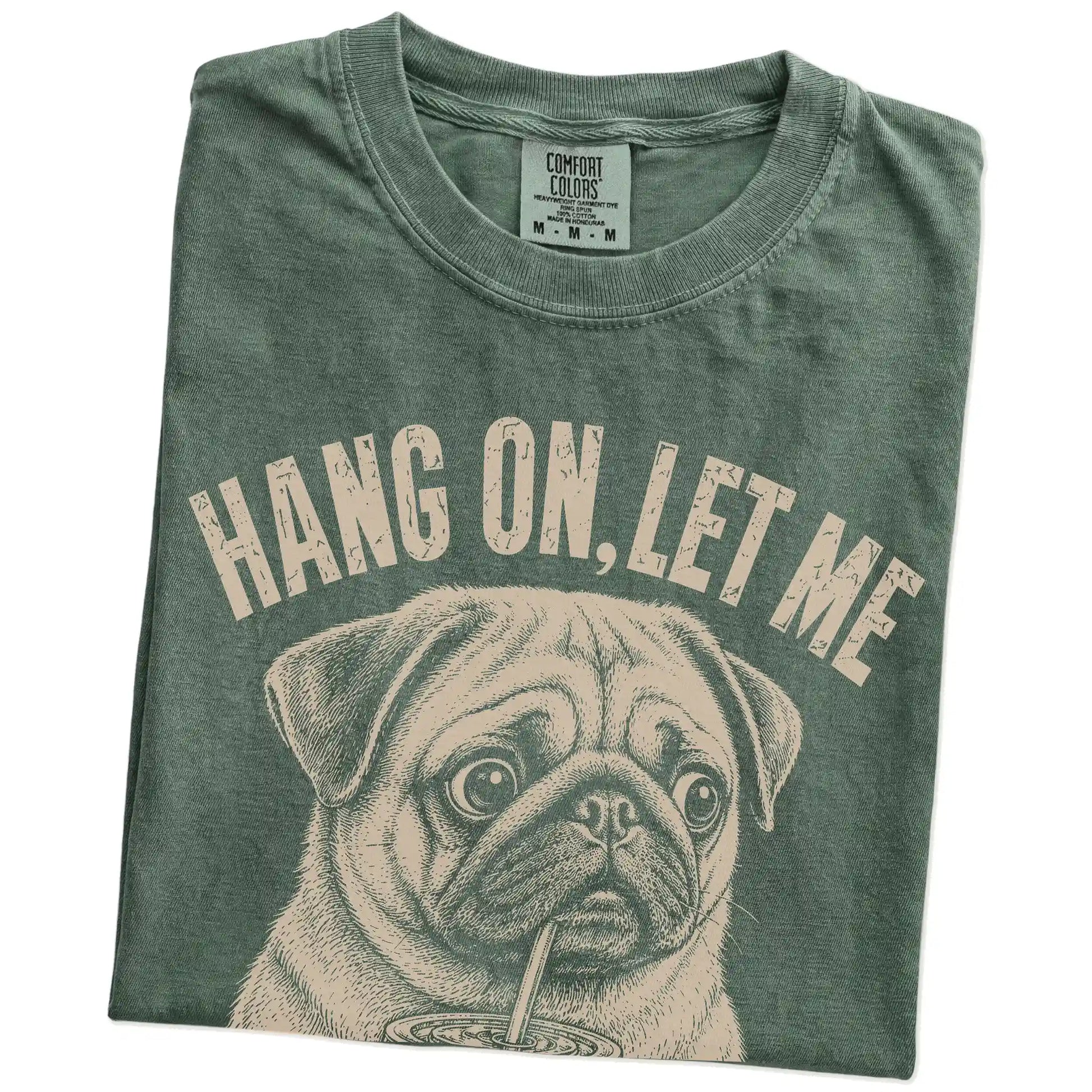 Folded Moss Overthinking Pug T-Shirt showing the graphic