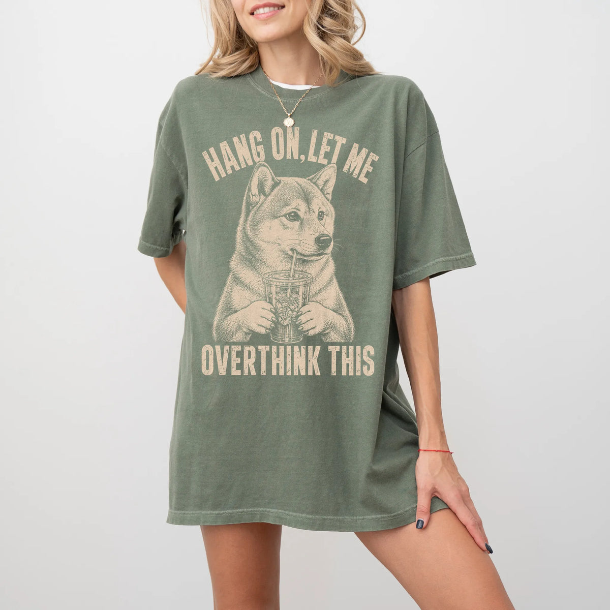 Woman wearing a Moss Overthinking Shiba Inu T-Shirt