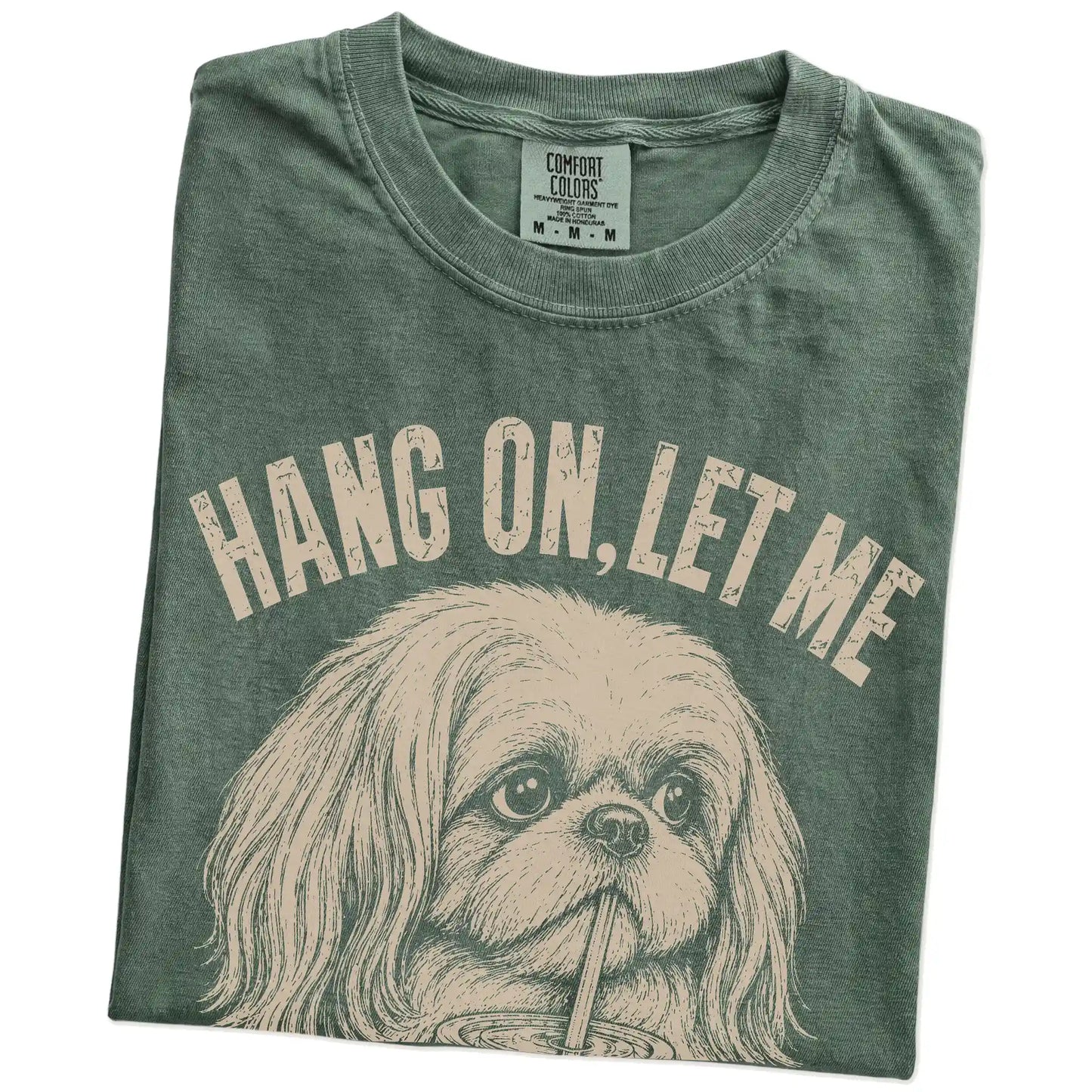 Folded Moss Overthinking Shih Tzu T-Shirt showing the graphic
