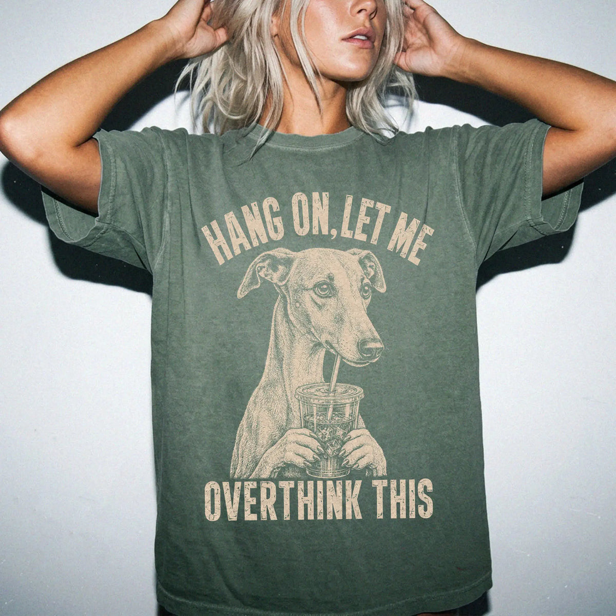 Woman wearing a Moss Overthinking Whippet T-Shirt