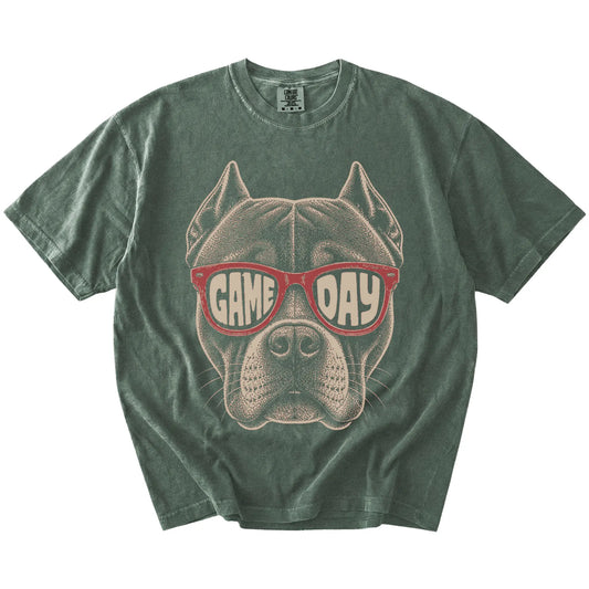 Pitbull wearing red Game Day sunglasses on a Moss Comfort Colors® T-shirt