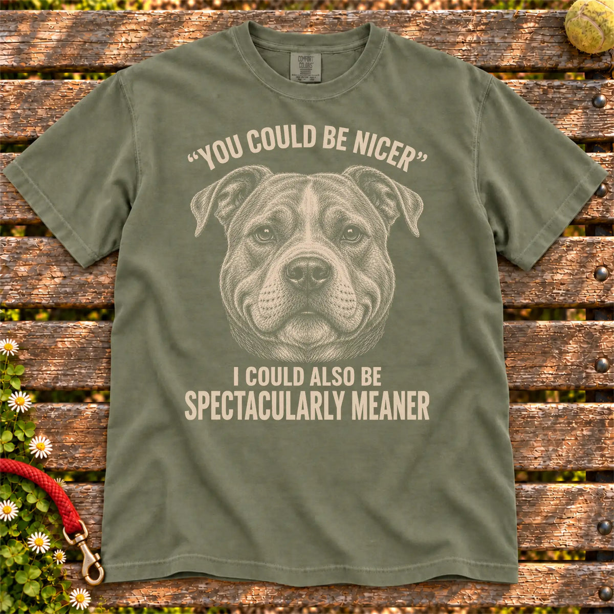 Pitbull Guard Dog design on a Moss Comfort Colors T-shirt, shown flat