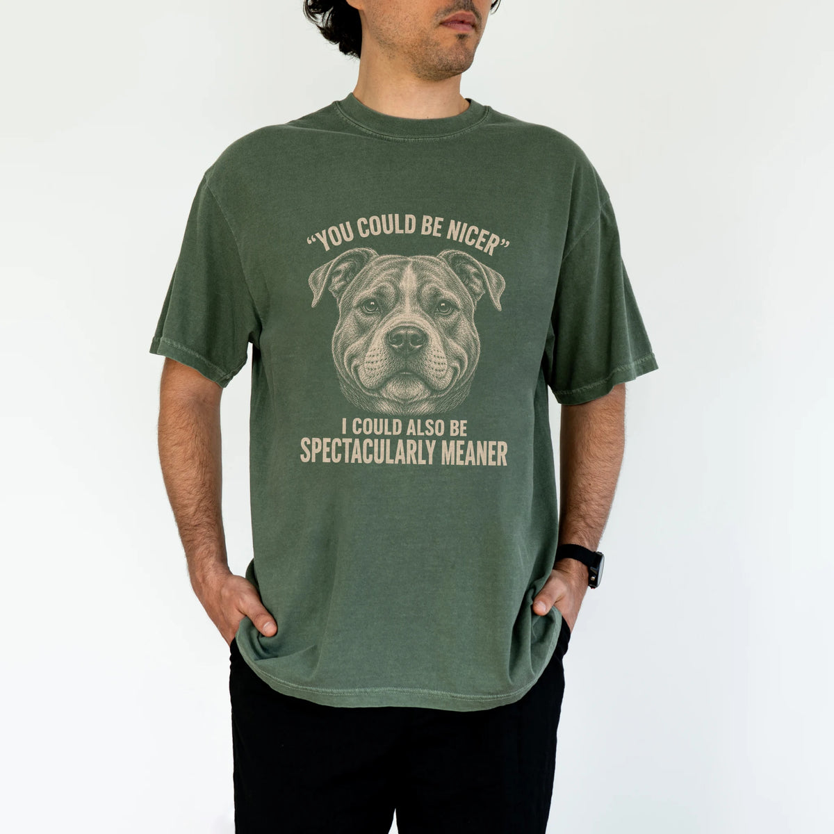 Pitbull Guard Dog T-Shirt in Moss worn in a studio setting