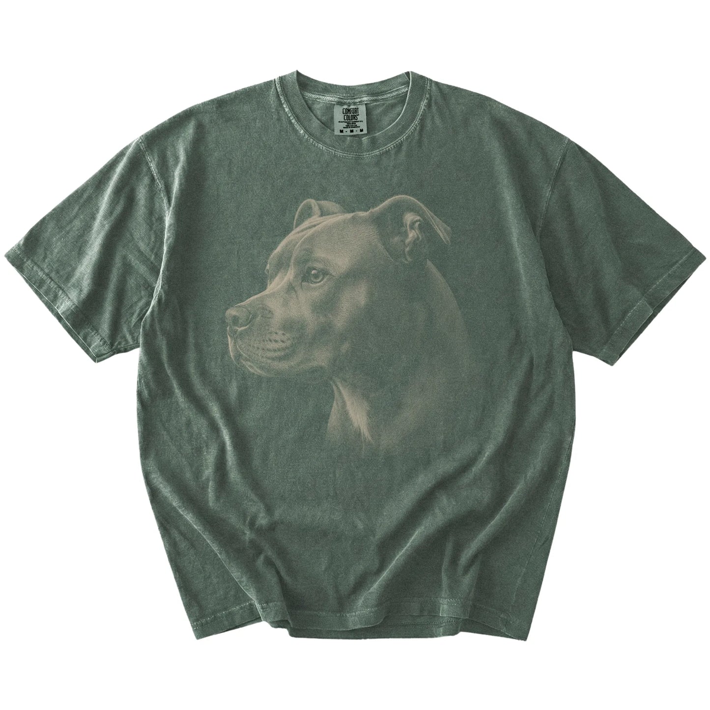 A detailed photographic portrait of a Pitbull on a Moss Comfort Colors® T-shirt