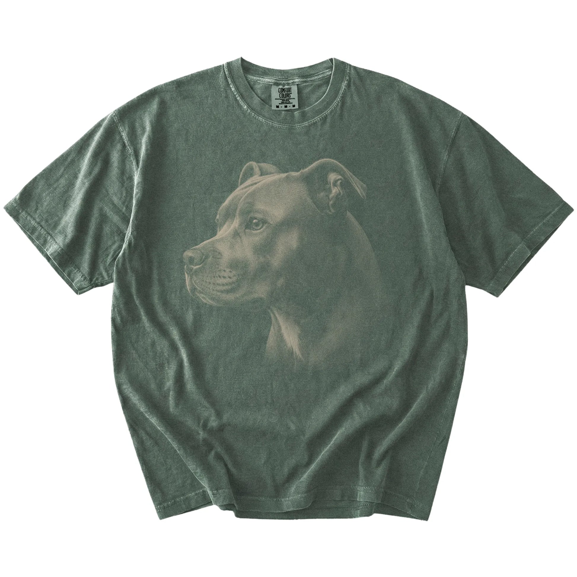 A detailed photographic portrait of a Pitbull on a Moss Comfort Colors® T-shirt