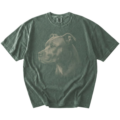 A detailed photographic portrait of a Pitbull on a Moss Comfort Colors® T-shirt