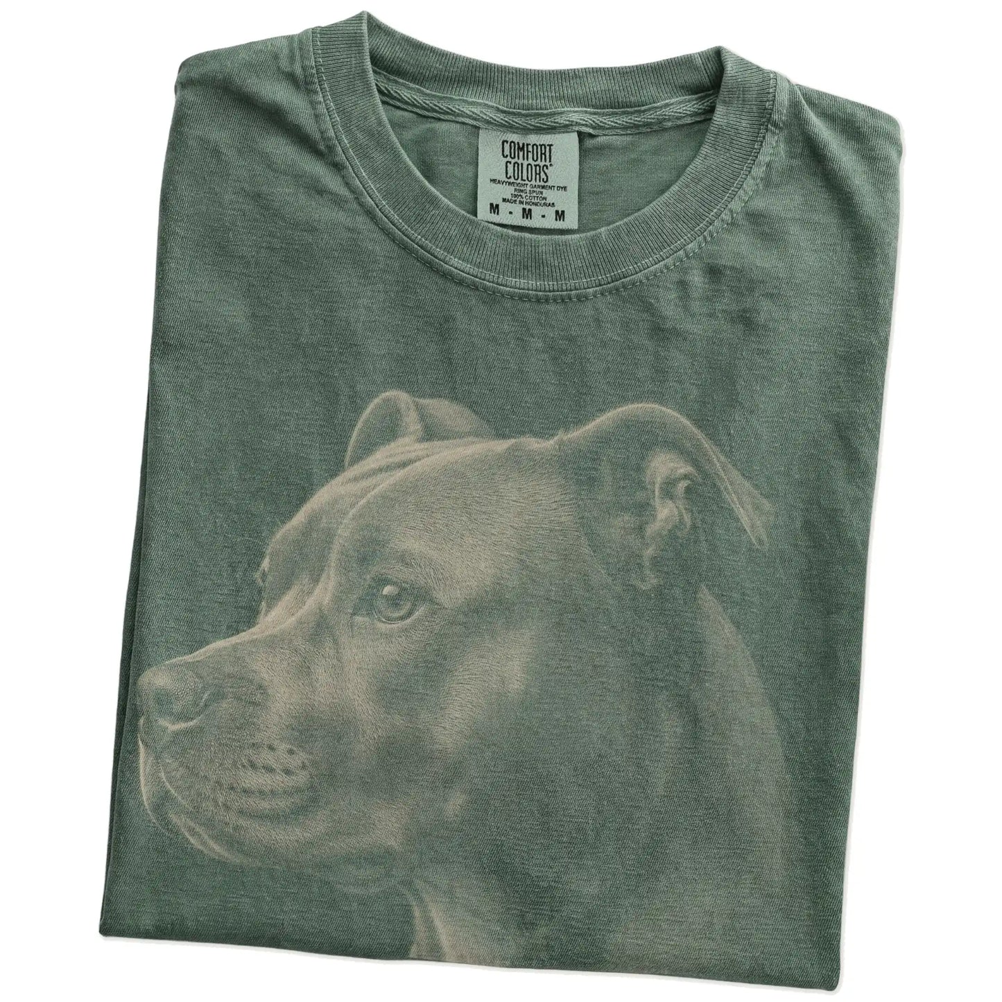 Folded Moss Comfort Colors® T-shirt showing a detailed photographic portrait of a Pitbull