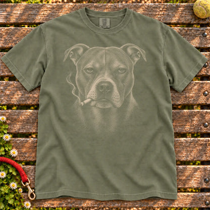 Pitbull smoking design on a Moss t-shirt