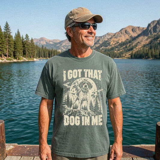 Moss Pointer I Got That Dog in Me T-shirt, worn by a model