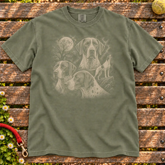 Pointer 90s Moon design on a Moss T-shirt shown flat