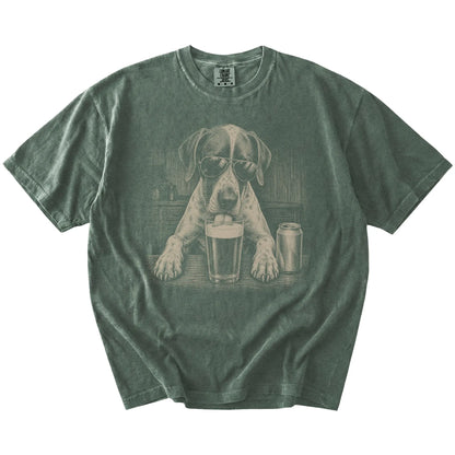 Pointer sneaking a drink from a foamy pint at home on a Moss Comfort Colors® t-shirt