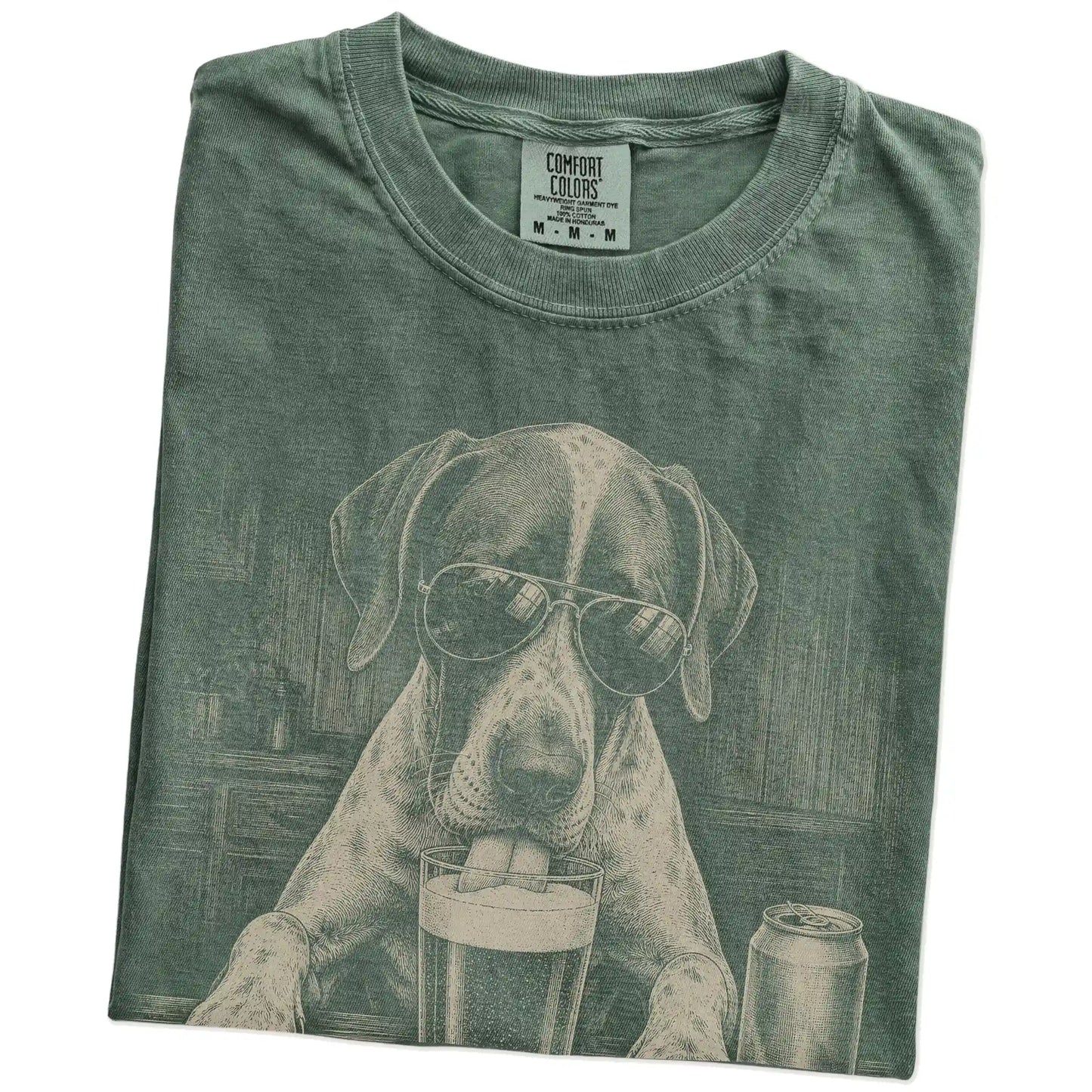 Folded Moss Comfort Colors® t-shirt showing Pointer sneaking a drink from a pint