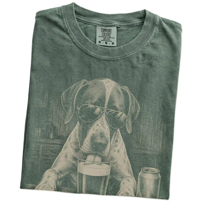 Folded Moss Comfort Colors® t-shirt showing Pointer sneaking a drink from a pint