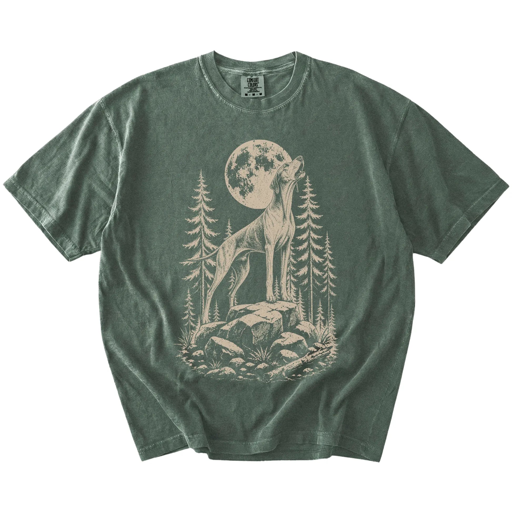 Pointer howling beneath the moon and pine trees on a Moss Comfort Colors® T-shirt