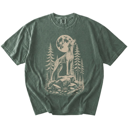 Pointer howling beneath the moon and pine trees on a Moss Comfort Colors® T-shirt