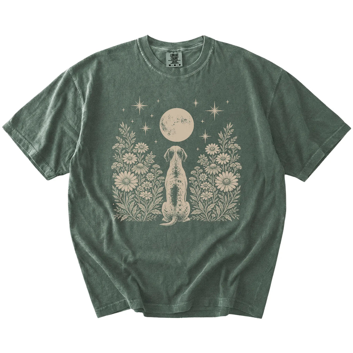 Pointer beneath a wildflower moon on a Moss Comfort Colors® T-shirt