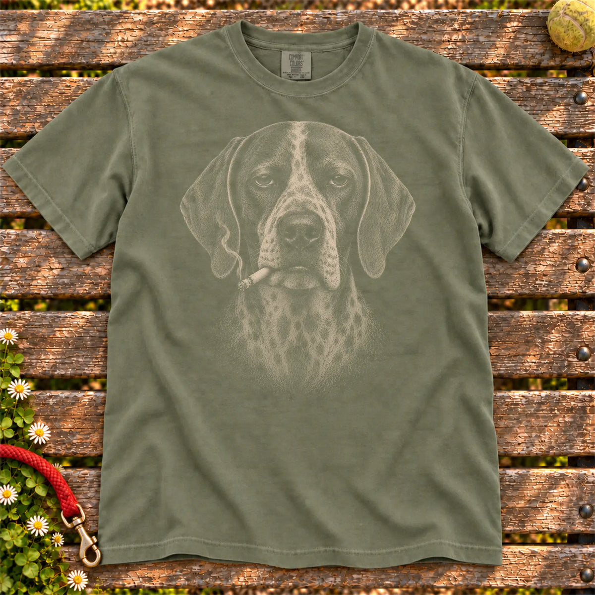 Pointer smoking design on a Moss t-shirt