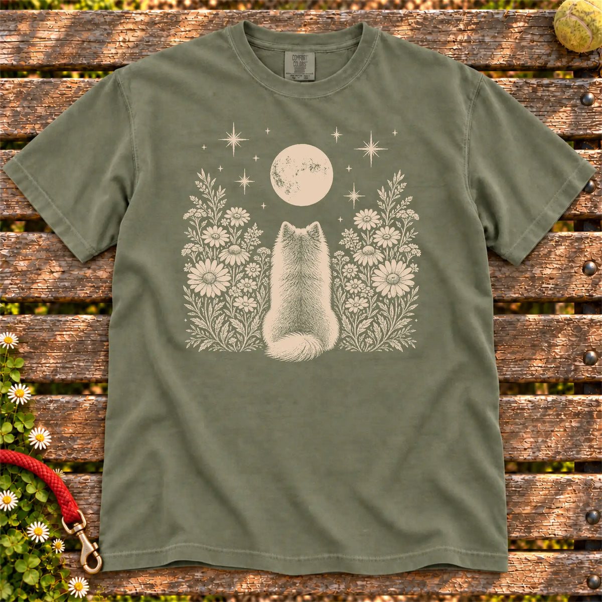 Pomeranian Moon Garden on a Moss T-shirt, shown flat