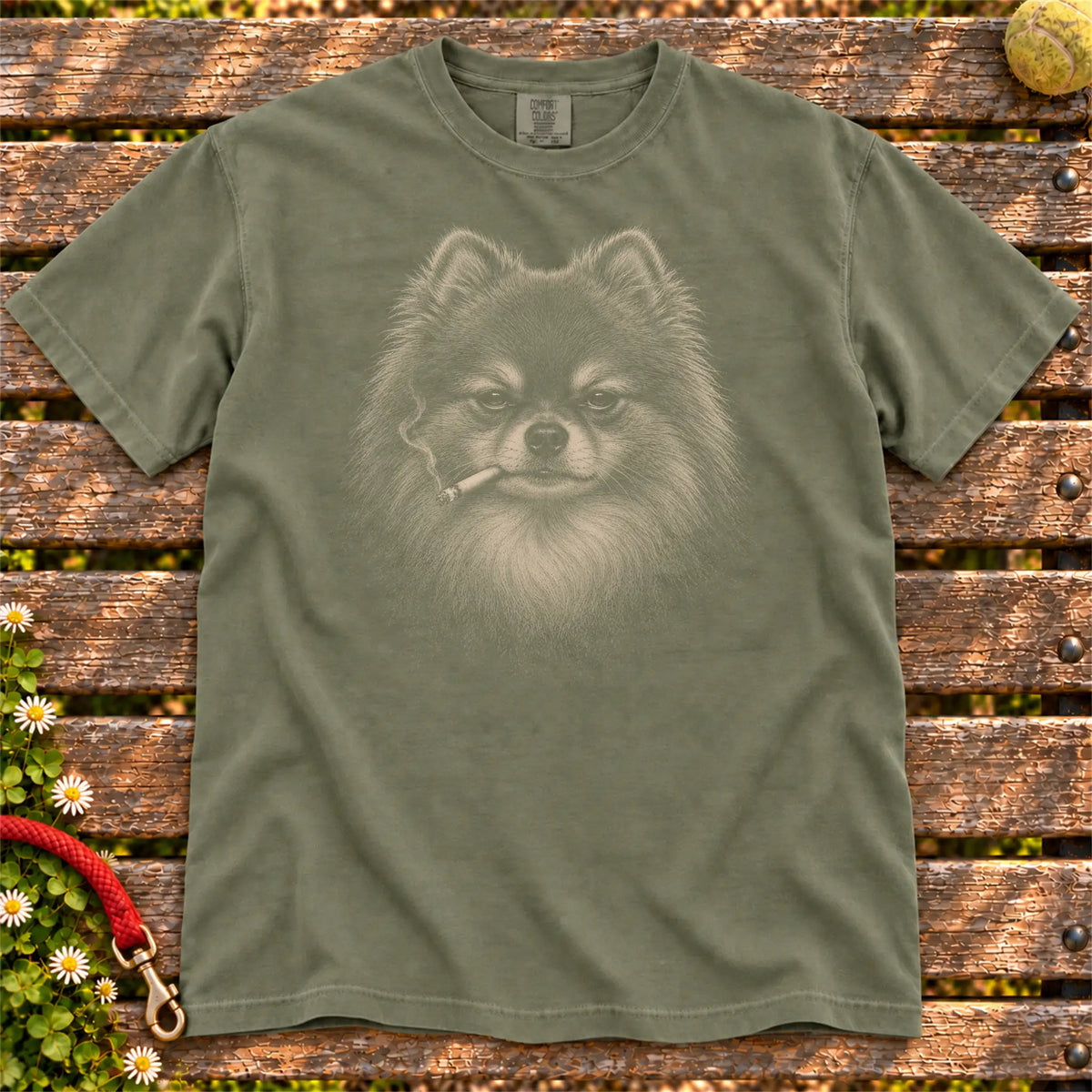 Pomeranian smoking design on a Moss t-shirt