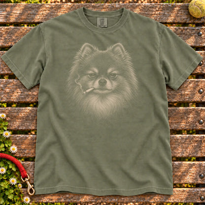 Pomeranian smoking design on a Moss t-shirt