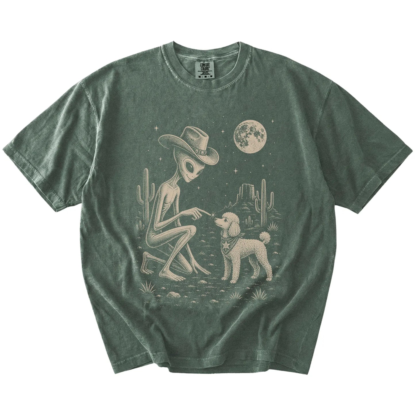 Cowboy alien fist-bumping a Poodle beneath the moon on a Moss Comfort Colors® T-shirt