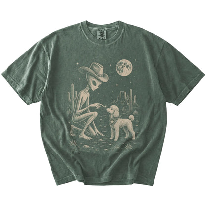Cowboy alien fist-bumping a Poodle beneath the moon on a Moss Comfort Colors® T-shirt