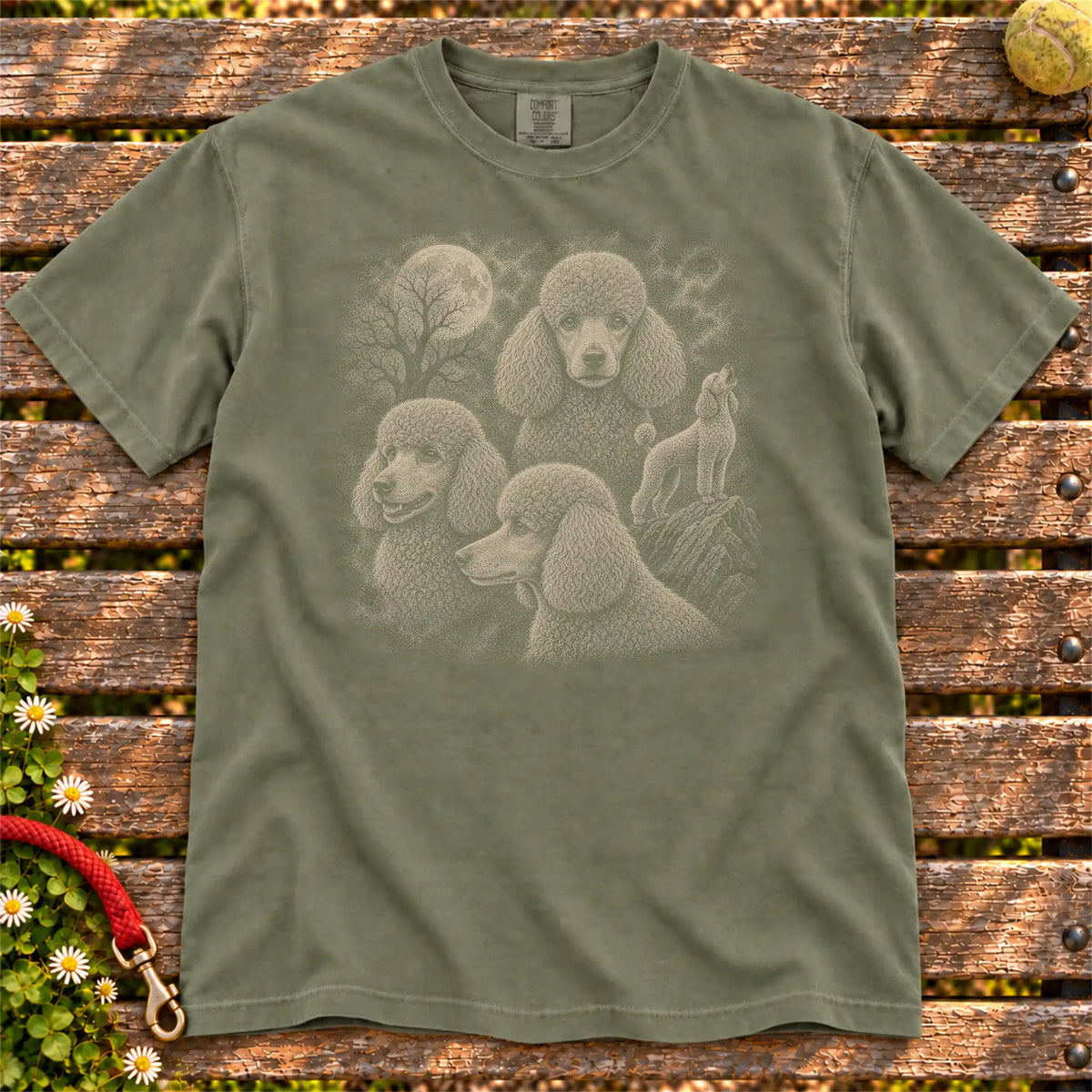Poodle 90s Moon design on a Moss T-shirt shown flat