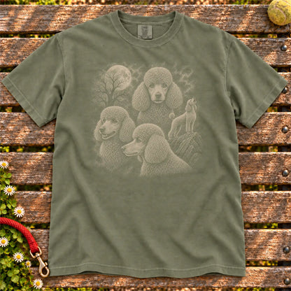 Poodle 90s Moon design on a Moss T-shirt shown flat