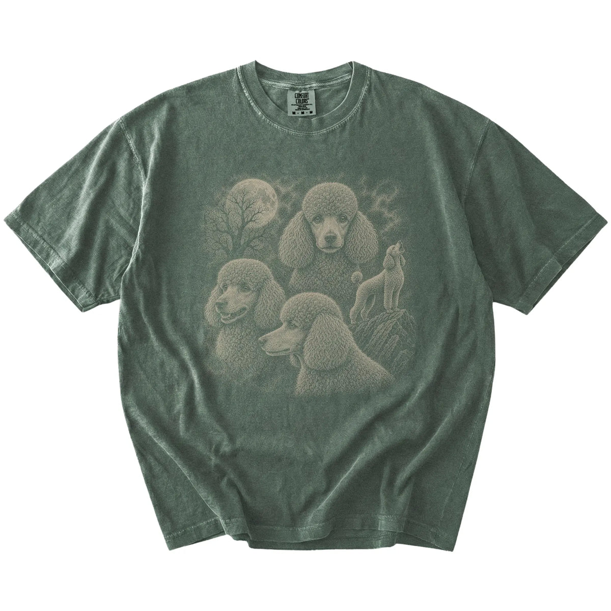 Vintage moon montage featuring Poodle on a Moss Comfort Colors® T-shirt