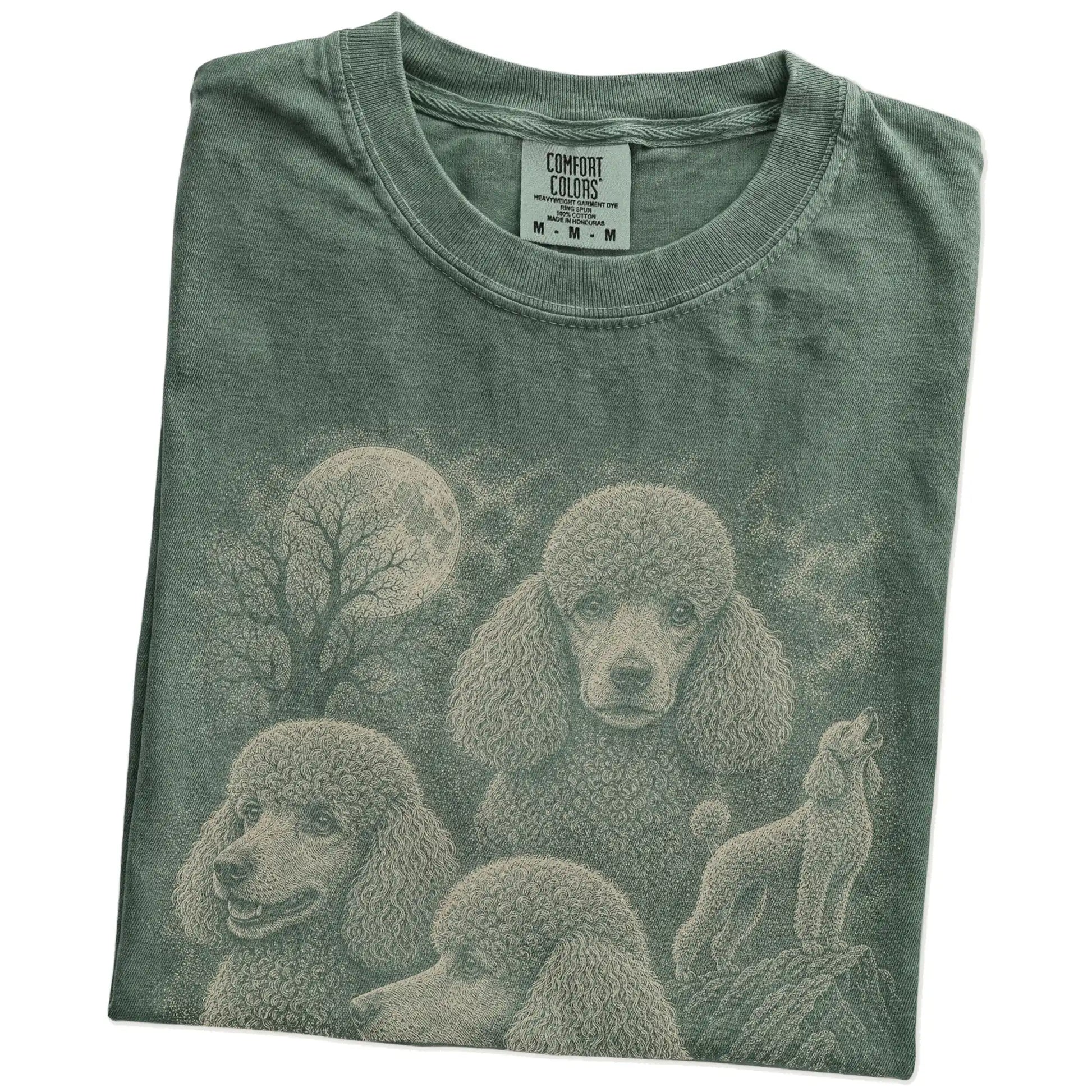 Folded Moss Comfort Colors® T-shirt showing a vintage moon montage featuring Poodle