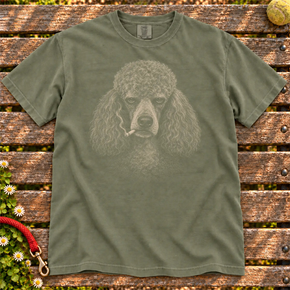 Poodle smoking design on a Moss t-shirt