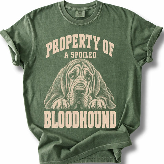 Moss Bloodhound T-shirt with a dog portrait and “Property of a Spoiled” lettering.