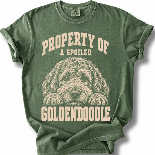 Moss Goldendoodle T-shirt with a dog portrait and “Property of a Spoiled” lettering.