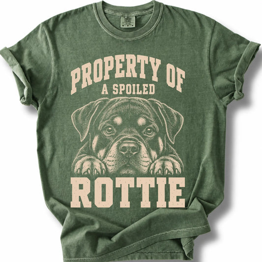 Moss Rottweiler T-shirt with a dog portrait and “Property of a Spoiled” lettering.