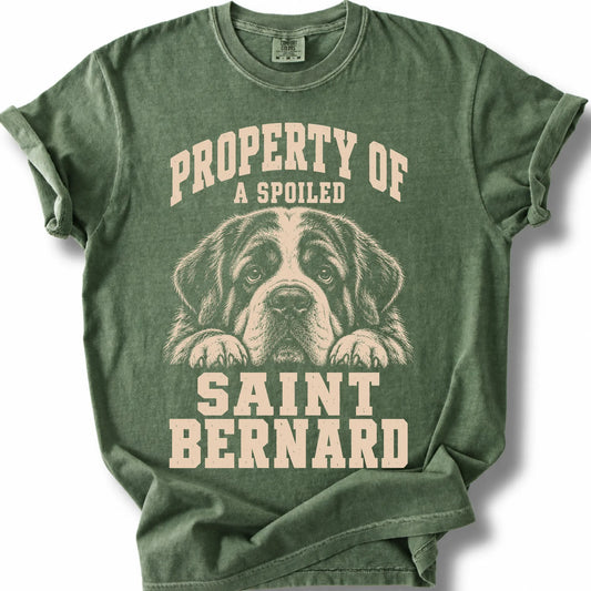 Moss Saint Bernard T-shirt with a dog portrait and “Property of a Spoiled” lettering.