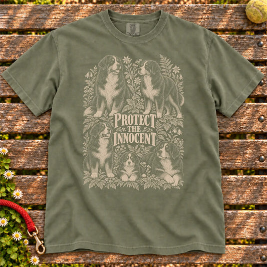 Protect the Innocent Bernese Mountain Dog design on a Moss T-shirt