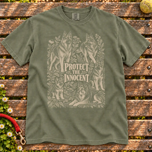 Protect the Innocent German Shepherd design on a Moss T-shirt